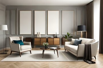 Beige and wooden living room with armchairs, dresser and blank poster