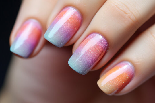 Woman's fingernails with pastel colored nail polish