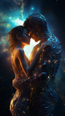 ilustração 3D. abraçando pessoas no espaço astral, casal envolto no amor e paixão