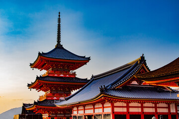 Fototapeta na wymiar Kiyomizu-dera or Kiyomizu Buddhist Temple, Sutra Hall and Three storied Pagoda, Kyoto Japan