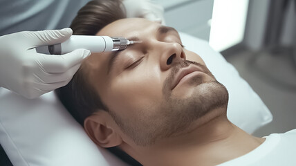 Obraz na płótnie Canvas Closeup Procedure of induction therapy with microneedles and collagen on the male face. 