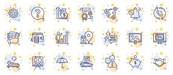 Outline set of Photo thumbnail, Mute sound and Question mark line icons for web app. Include Start presentation, Vision board, Warning pictogram icons. Construction document, Handshake. Vector