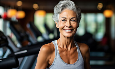 Fototapeta na wymiar Healthy Lifestyle: Happy Senior Woman in Gym