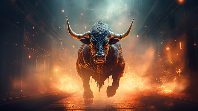 Um touro de frente para a c&acirc;mera em cena cinematogr&aacute;fica realista com part&iacute;culas de fogo, conceito de negocia&ccedil;&atilde;o no mercado