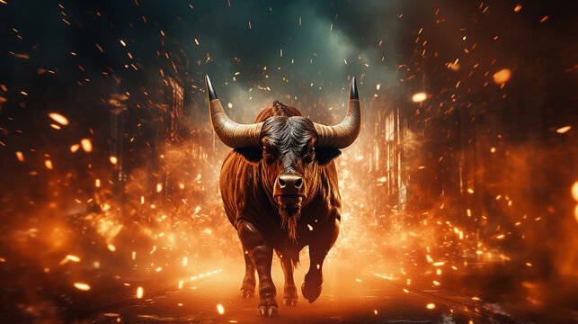 Um touro de frente para a c&acirc;mera em cena cinematogr&aacute;fica realista com part&iacute;culas de fogo, conceito de negocia&ccedil;&atilde;o no mercado