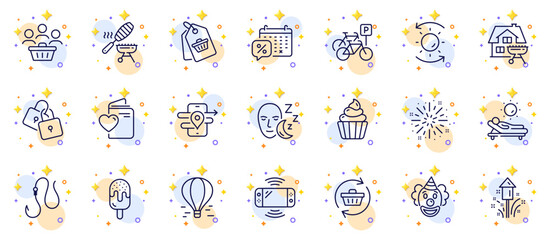 Outline set of Cupcake, Lounger and Discounts calendar line icons for web app. Include Fireworks explosion, Fireworks, Ice cream pictogram icons. Home grill, Love document. Vector