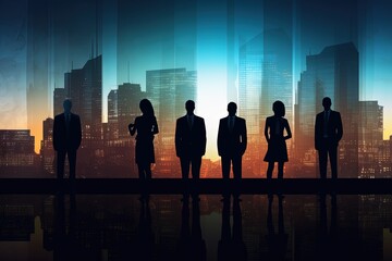 Silhouettes of business people standing in front of the city background.Generative Ai