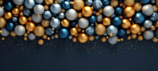 Christmas advent celebration holiday background banner panorama greeting card - Border ornament gold and blue christmas baubles balls on blue texture, table top view (Generative Ai)