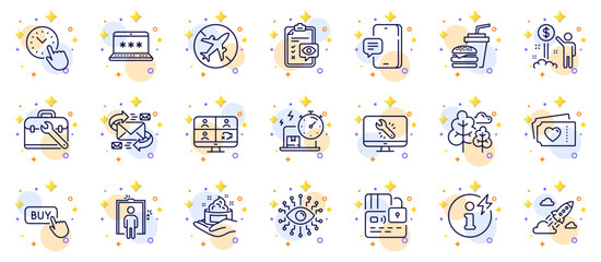 Outline set of Elevator, Phone message and Skin care line icons for web app. Include Video conference, Startup rocket, Tree pictogram icons. Artificial intelligence, Time management. Vector