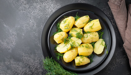 Delicious boiled potatoes with dill in a black plate on a dark background. Top view.