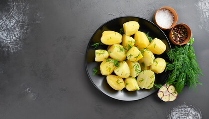 Delicious boiled potatoes with dill in a black plate on a dark background. Top view.