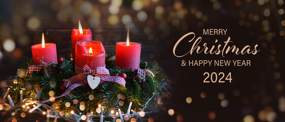 Christmas Card- Merry Christmas and Happy New Year 2024 - Advent wreath with four red burning candles and magical bokeh lights -  banner, header, xmas greetings - fourth advent