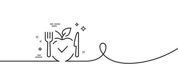 Vegetarian food line icon. Continuous one line with curl. Vegan meal sign. Apple fruit symbol. Vegetarian food single outline ribbon. Loop curve pattern. Vector