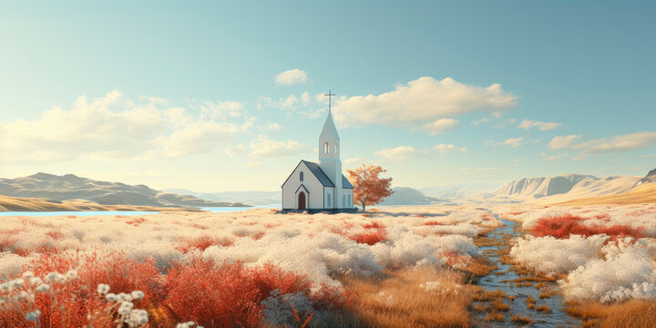 White church with meadow and lake. Church community. Mission of gospel.