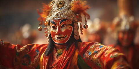 Captivating Traditional Tibetan Dance Performance with Masked Man in Traditional Attire - AI generated