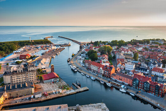 Beautiful sunrise over the Ustka town by the Baltic Sea, Poland.