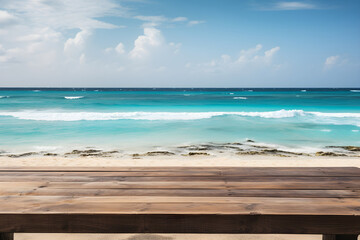 Fototapeta premium Empty Wooden Table by the Beach and Sea