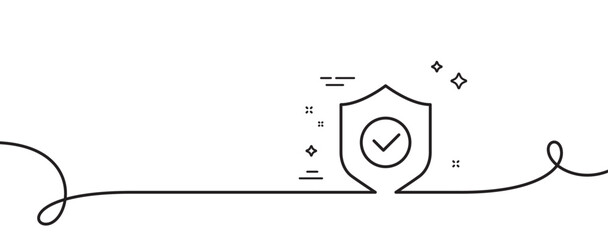 Security shield line icon. Continuous one line with curl. Cyber defence sign. Private protection symbol. Security shield single outline ribbon. Loop curve pattern. Vector