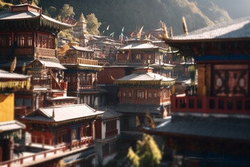 Obraz premium Colorful Traditional Prayer Flags Adorning the Streets of Tibet - AI generated