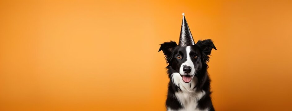 black and white border collie with birthday party hat,minimalist backgrounds, conceptual, captivating, wimmelbilder, large canvas format, luxurious, dark orange and gold