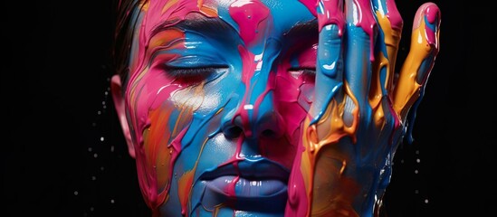 dark colorful painting of a woman lips with colorful paint covering her face, in the style of photorealistic detail, zbrush, emotional gestures, made of plastic