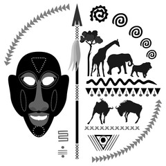Round frame with african mask, spear, patterns and animal silhouettes. Vector illustration.