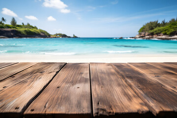 Empty Wooden Table with Seaside Background