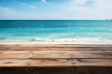 Wooden Table with Beach and Sea Ambiance