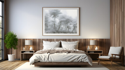 Fototapeta na wymiar horizontal decorative art frame mock-up. Bedroom wall