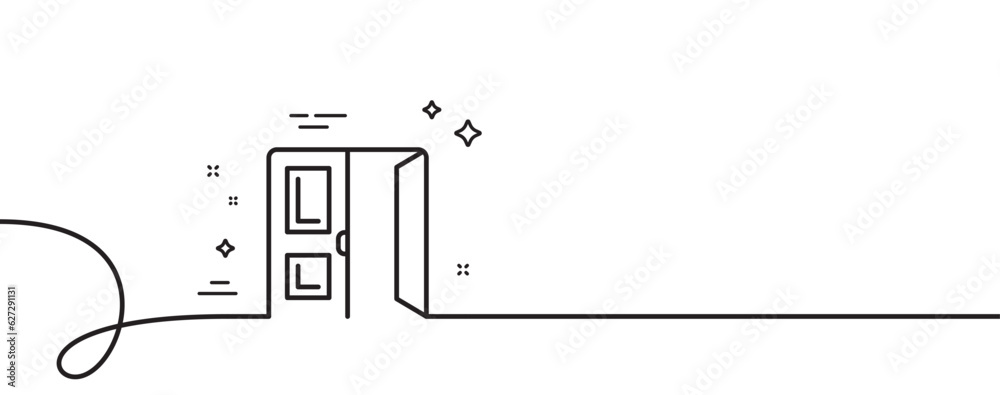 Poster open door line icon. continuous one line with curl. entrance doorway sign. building exit symbol. ope