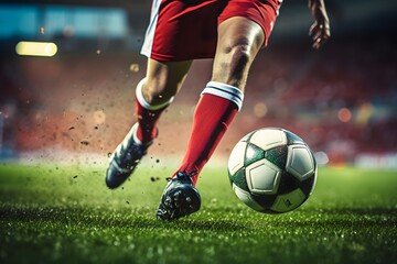 An action image of a soccer player kicking a soccer ball in the stadium with the aim to score a goal, The football player is ambitious to score the goal and escape from competitors, The ball in air - obrazy, fototapety, plakaty