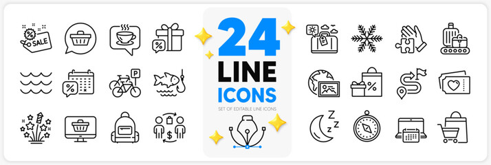 Obraz na płótnie Canvas Icons set of Fireworks stars, Sale bags and Sale gift line icons pack for app with Buying process, Shopping, Backpack thin outline icon. Snowflake, Journey, Bicycle parking pictogram. Vector