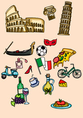 The set is dedicated to Italy and includes a picture of the Leaning Tower of Pisa, flag, gondola, masquerade mask, pizza, wine, olive oil, coffee, perfume, etc. 
