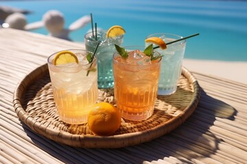 Selection of summer alcoholic cocktails on a wicker tray on beach with white sand. Summer sea vacation and travel concept. Exotic summer drinks, sunny, created generaive ai.