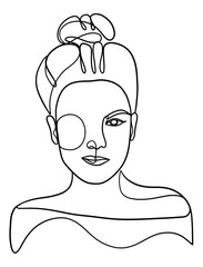 Continuous one line drawing of woman with hair bun. Vector illustration.