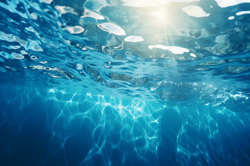 Fototapeta premium underwater water in blue background isolated on white with sunlight from above, in the style of energetic