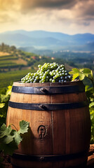 old wooden barrel on the background of vineyards
