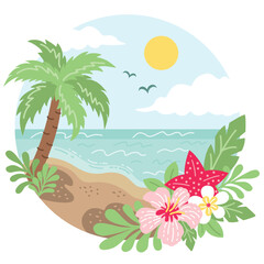 Tropical beach landscape in circle. Beautiful scenes of nature with palm tree, birds, flower and sea vector illustration