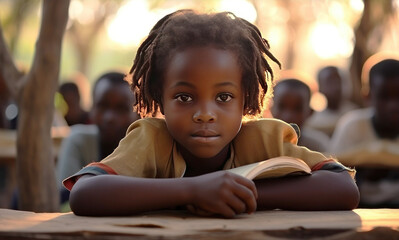 Students in a school in africa take the lesson and write notes on a blackboard . Children at school in Africa