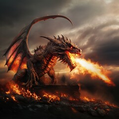a dragon on fire with clouds in the background. Generative AI Art. - 627293593