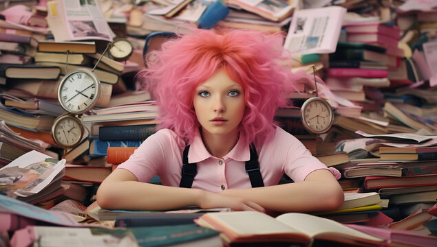 girl with pink hair is lying on top of a book pile with clocks, in the style of clockpunk, bold and busy, tired of studying 