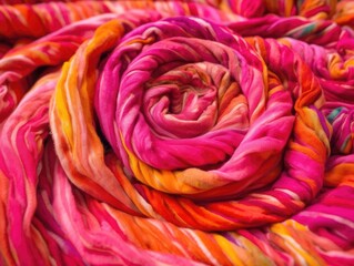 Fototapeta na wymiar macro lens, the image showcases a closeup of a handmade vibrant pink and orange tie-dye fabric. Against a clean, white background, the intricate patterns create a lively and bold design.