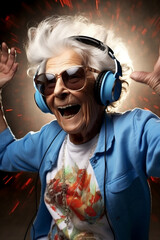 old woman dancing with headphones, wearing cool shirt and light blue jacket with light in the background