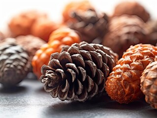 Fototapeta The image features a tight shot of an uncomplicated arrangement of pine cones placed on a bright background, captured in a photographic style with no human or text elements included in the composition obraz
