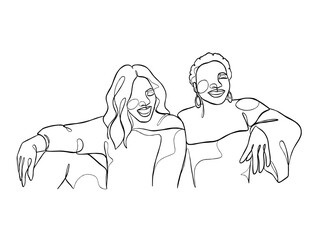 Continuous one line drawing of girl best friends illustration. Vector illustration.