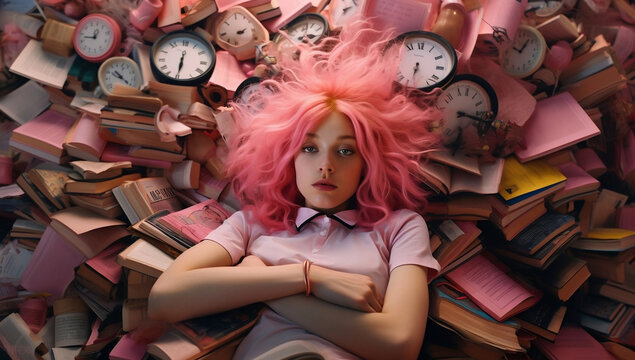 girl with pink hair is lying on top of a book pile with clocks, in the style of clockpunk, bold and busy, tired of studying 