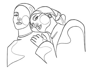 Continuous one line drawing of girl best friends illustration. Vector illustration.