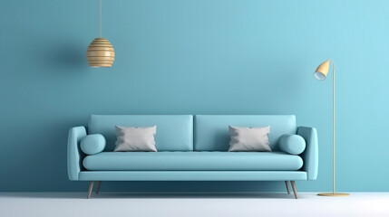 minimal design appartment, modern living-room, colourful furniture, perpendicular composition, center perspective, very detailed, photorealistic, photographic, couch - obrazy, fototapety, plakaty