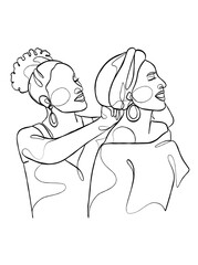 Continuous one line drawing of girl best friends illustration. Vector illustration.