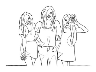 Continuous one line drawing of girl best friends illustration. Vector illustration.